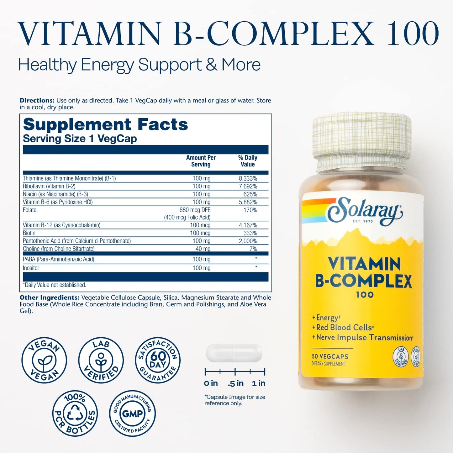 SOLARAY Vitamin B Complex 100 mg | Energy, Nerve & Immunity Support | Vegan 50ct