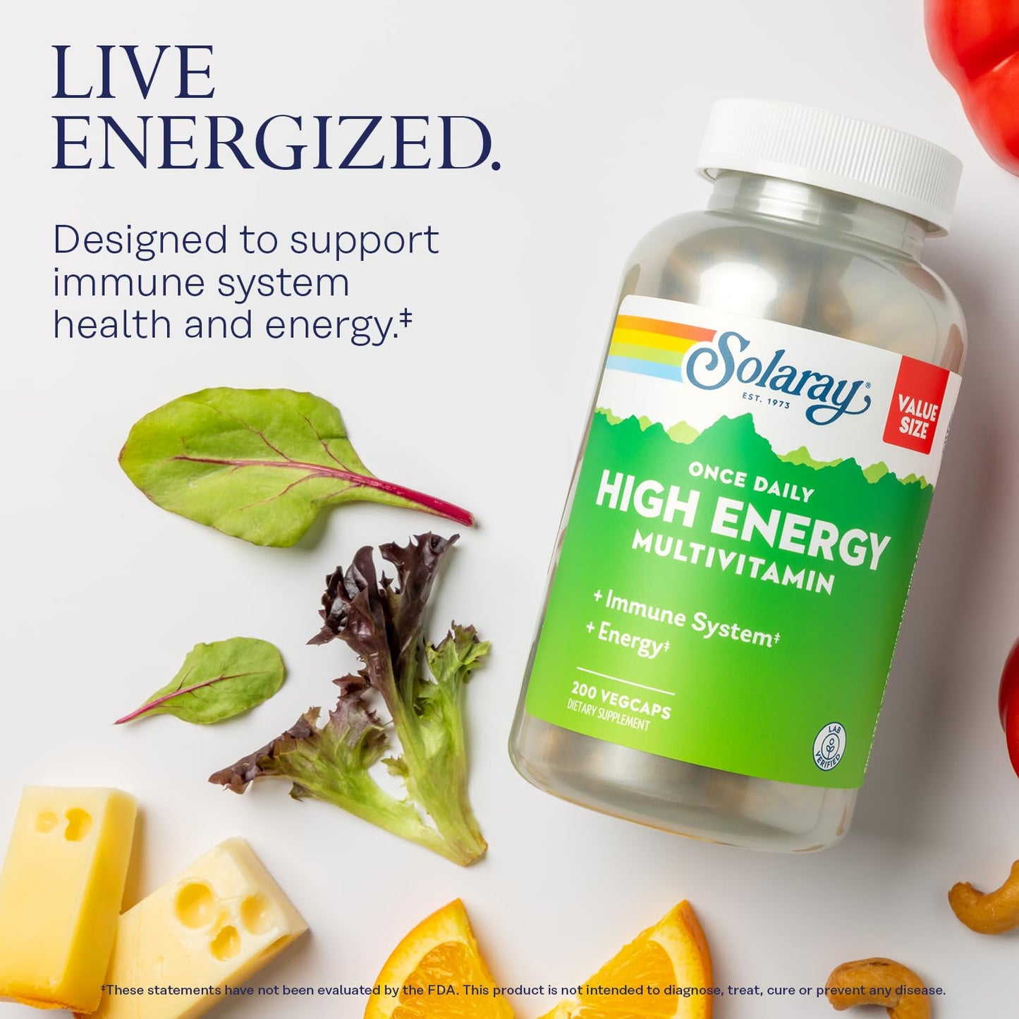 SOLARAY Once Daily High Energy Multivitamin for Women and Men — Immune Support with Vitamins C, A, D, E, B Complex | 200 VegCaps | 60-Day Guarantee