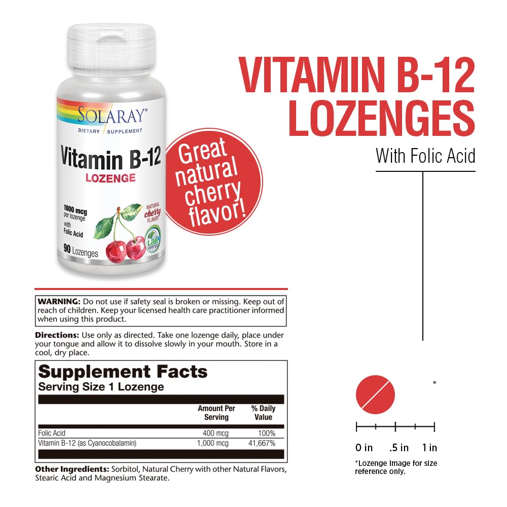 SOLARAY Vitamin B-12 1000mcg Lozenges with Folic Acid – Cherry Flavor | 90 Count