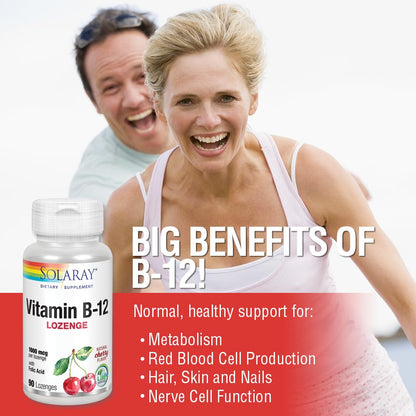 SOLARAY Vitamin B-12 1000mcg Lozenges with Folic Acid – Cherry Flavor | 90 Count