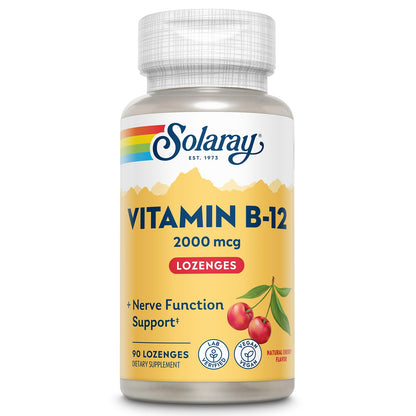 SOLARAY Vitamin B12 2000 mcg Lozenges – No Sugar, Natural Cherry Flavor – Vegan, Lab Verified | 90 Servings