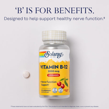 SOLARAY Vitamin B12 2000 mcg Lozenges – No Sugar, Natural Cherry Flavor – Vegan, Lab Verified | 90 Servings