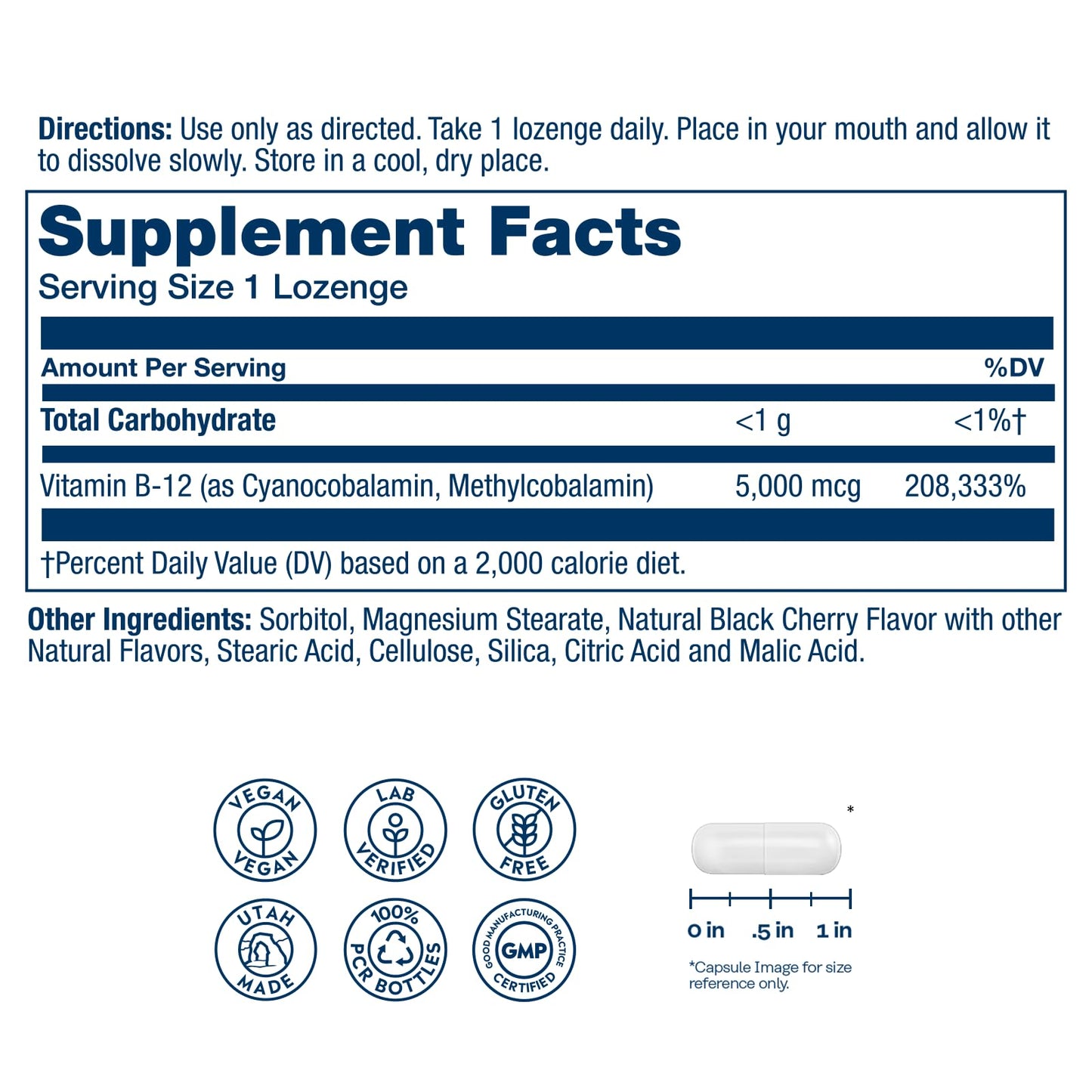 SOLARAY High Potency Vitamin B12 Lozenges 5000mcg – Methylcobalamin (Methyl B12), Vegan, Gluten Free