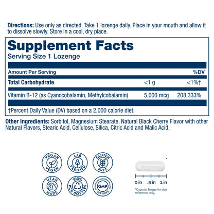 SOLARAY High Potency Vitamin B12 Lozenges 5000mcg – Methylcobalamin (Methyl B12), Vegan, Gluten Free