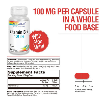 SOLARAY Vitamin B-2 Riboflavin 100 mg with Aloe Vera | Energy, Skin & Nails