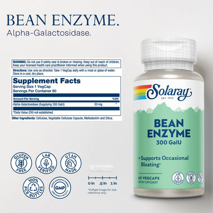 SOLARAY Bean Enzyme 300 GalU Alpha-Galactosidase – Digestive Enzymes for Bloating Relief, 60 VegCaps