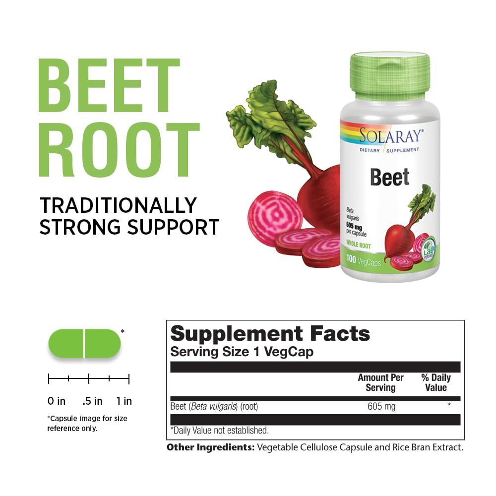 SOLARAY Beet Root 605mg | Supports Cardiovascular Health, Athletic Performance, Kidney, Liver & Blood Health | Non-GMO Vegan 100 VegCaps