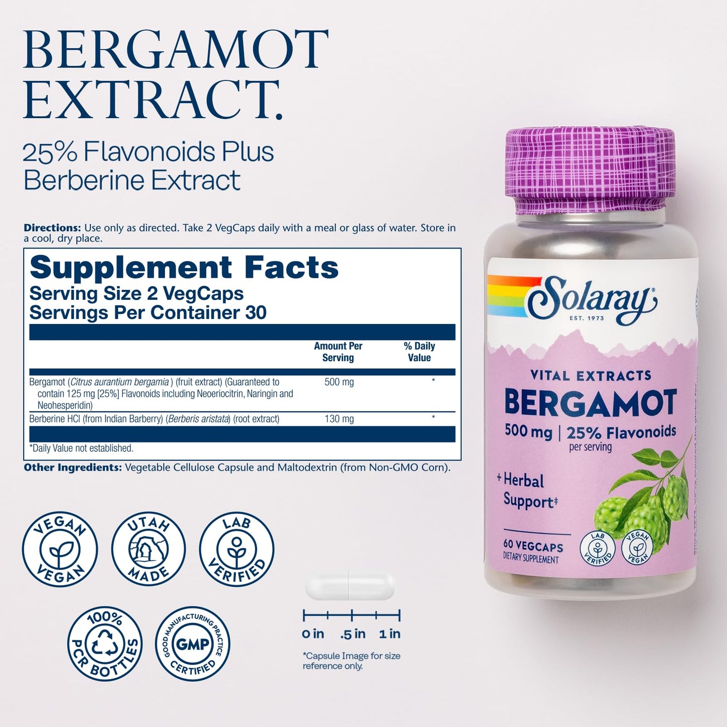 SOLARAY Bergamot 500 mg – Citrus Bergamot + Berberine HCl, 25% Flavonoids | Vegan, 60 VegCaps