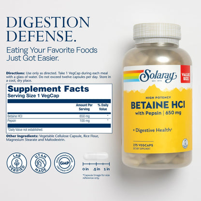 Solaray Betaine HCL with Pepsin – Digestive Enzymes for Gut Health | 60-Day Guarantee