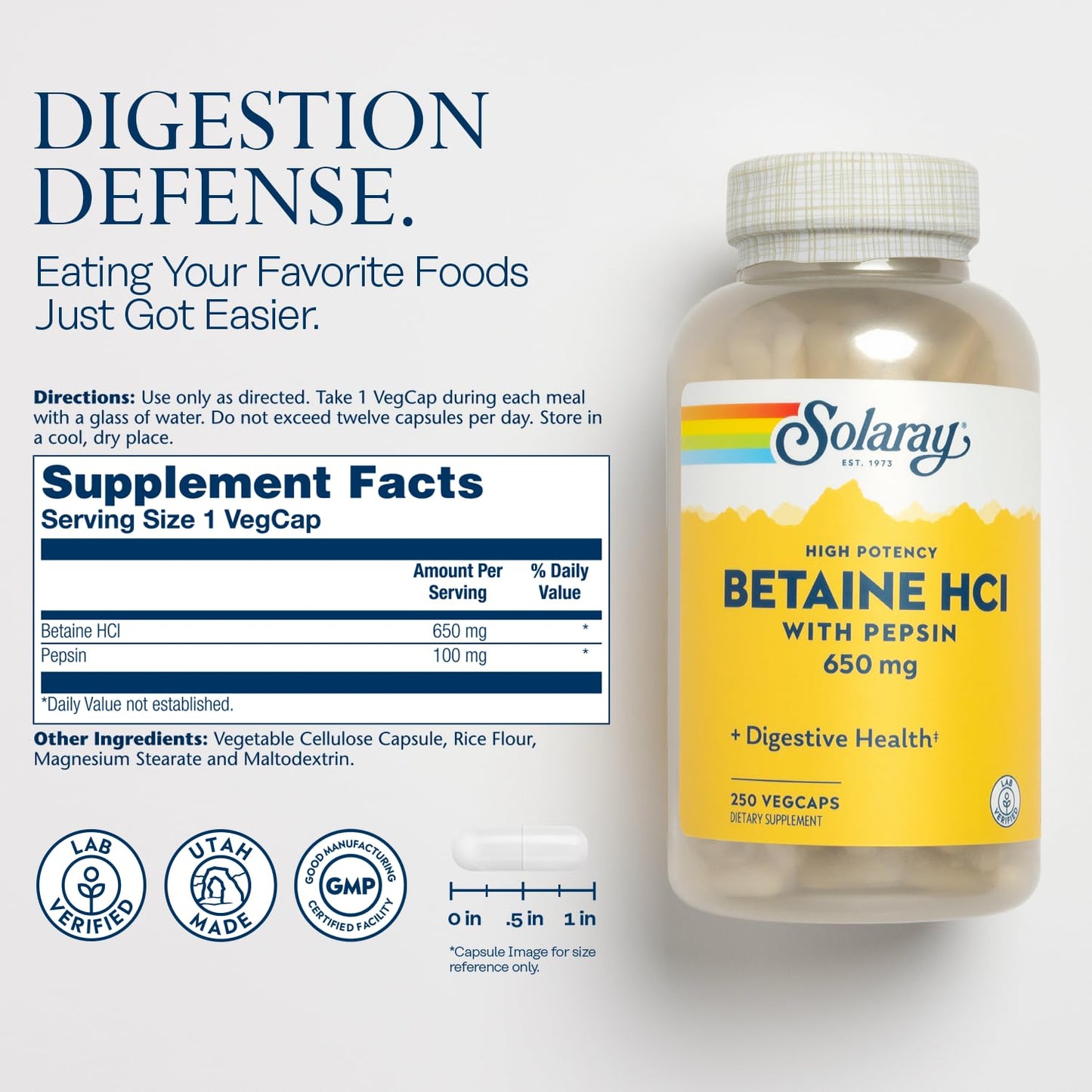 SOLARAY Betaine HCL with Pepsin – High Potency Digestive Enzymes for Gut Support | 250 VegCaps