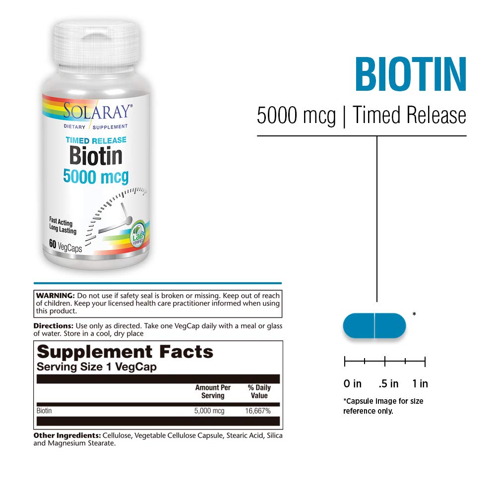 SOLARAY Biotin 5000 mcg Timed Release | Hair, Skin & Nails Support | 60 VegCaps