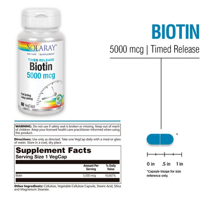 SOLARAY Biotin 5000 mcg Timed Release | Hair, Skin & Nails Support | 60 VegCaps