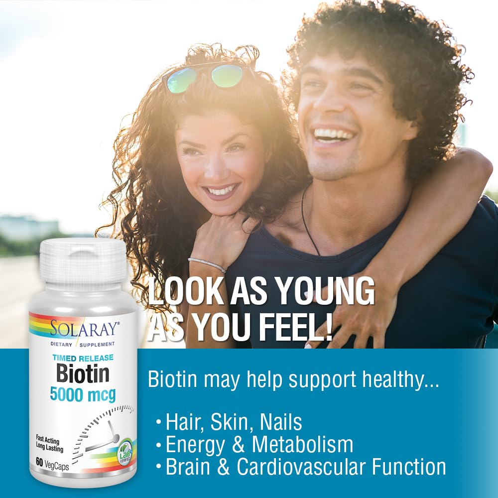 SOLARAY Biotin 5000 mcg Timed Release | Hair, Skin & Nails Support | 60 VegCaps