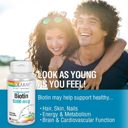 SOLARAY Biotin 5000 mcg Timed Release | Hair, Skin & Nails Support | 60 VegCaps