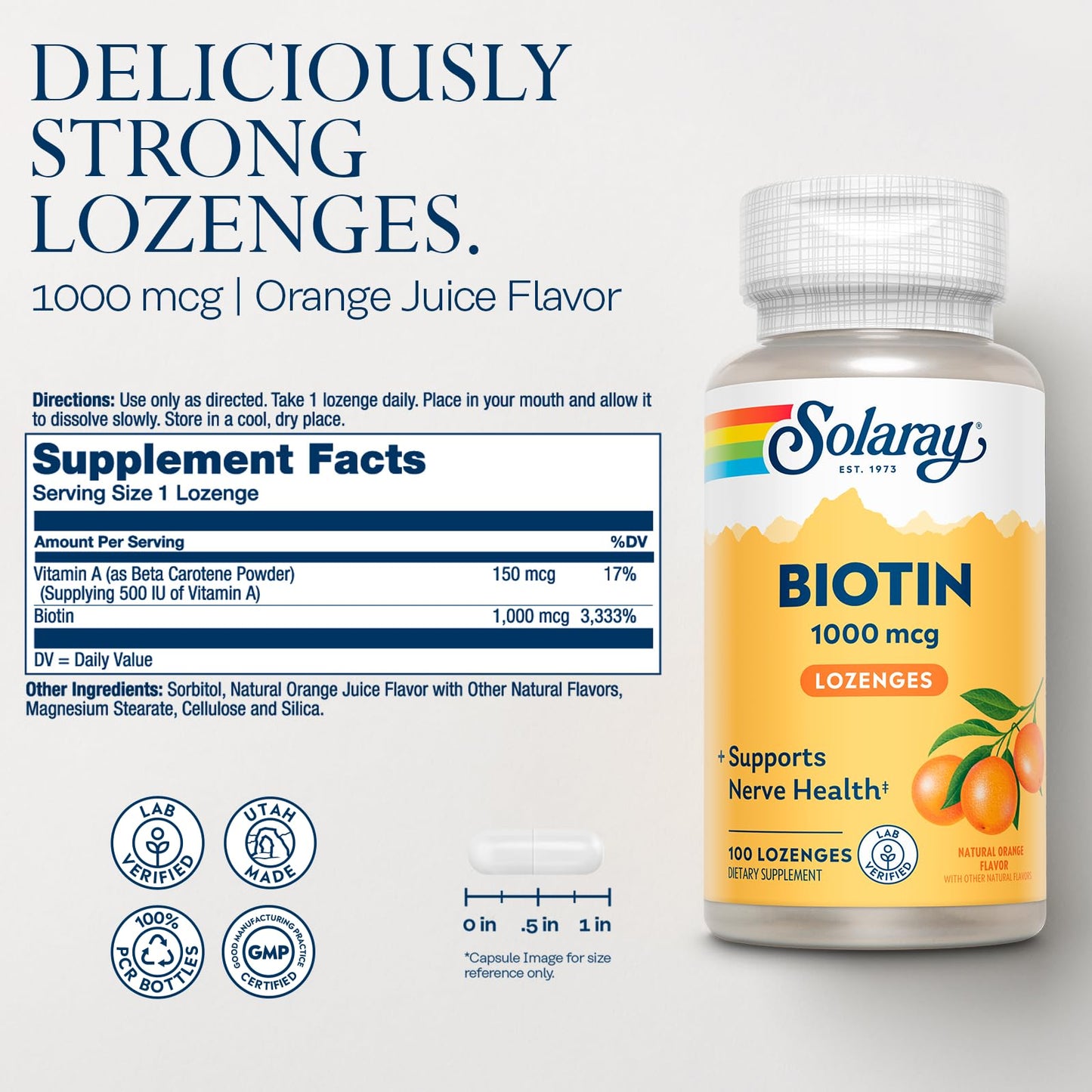 SOLARAY Biotin 1000mcg Lozenges – Vitamin B7 with Vitamin A, Orange Flavor | 60-Day Guarantee, 100 Servings