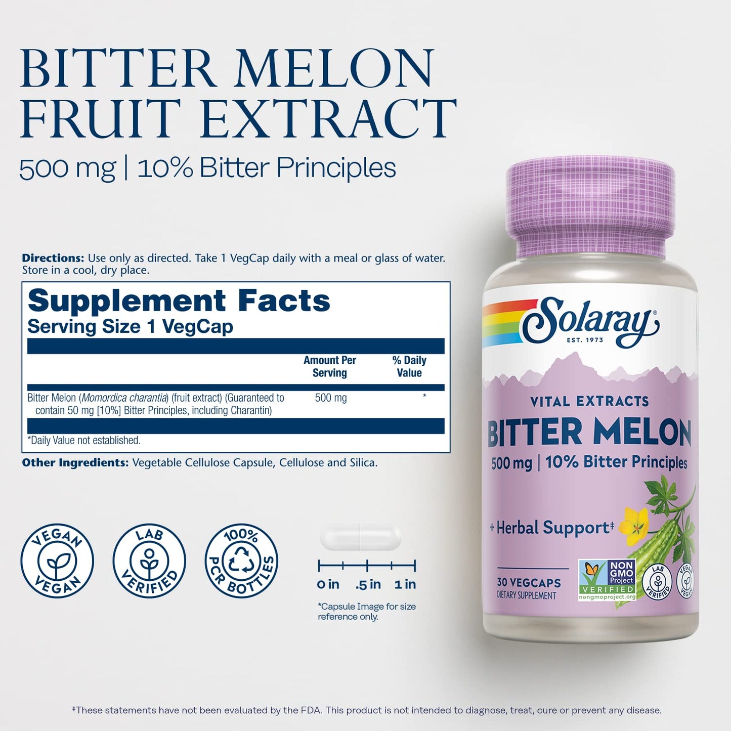 SOLARAY Bitter Melon Fruit Extract | 50 mg Bitter Principles (Charantin), Vegan, 30 VegCaps