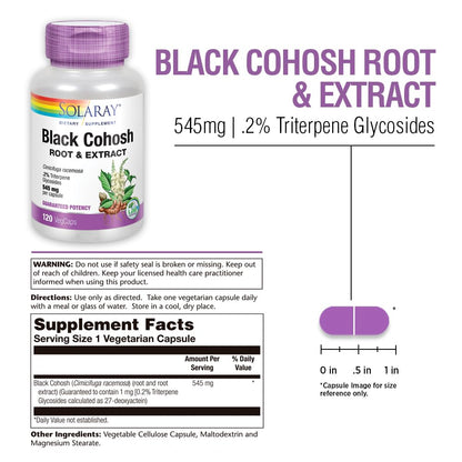 SOLARAY Black Cohosh Root & Extract 545mg | Womens Health & Menopause Support Supplement | Non-GMO | 120 VegCaps