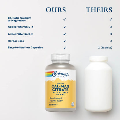 SOLARAY Calcium Magnesium Citrate w/Vitamin D3 K2 | Cal Mag 2:1