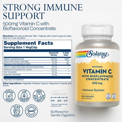 SOLARAY Buffered Vitamin C 500mg with Bioflavonoids – Immune Support | 100 Servings, 100 VegCaps, Vegan
