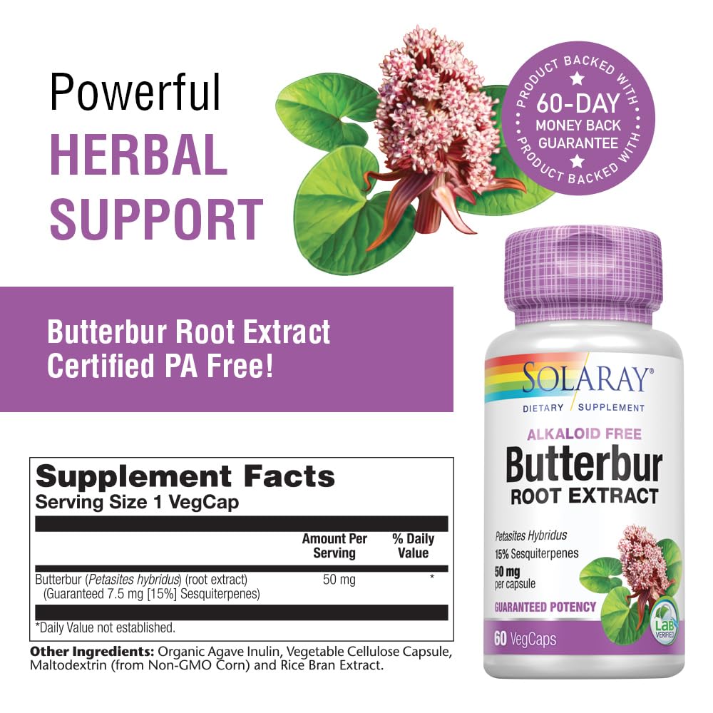 SOLARAY Butterbur Root Extract 50mg - Supports Blood Flow, Respiratory & Urinary Health | 60ct