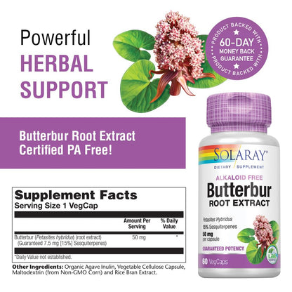 SOLARAY Butterbur Root Extract 50mg - Supports Blood Flow, Respiratory & Urinary Health | 60ct