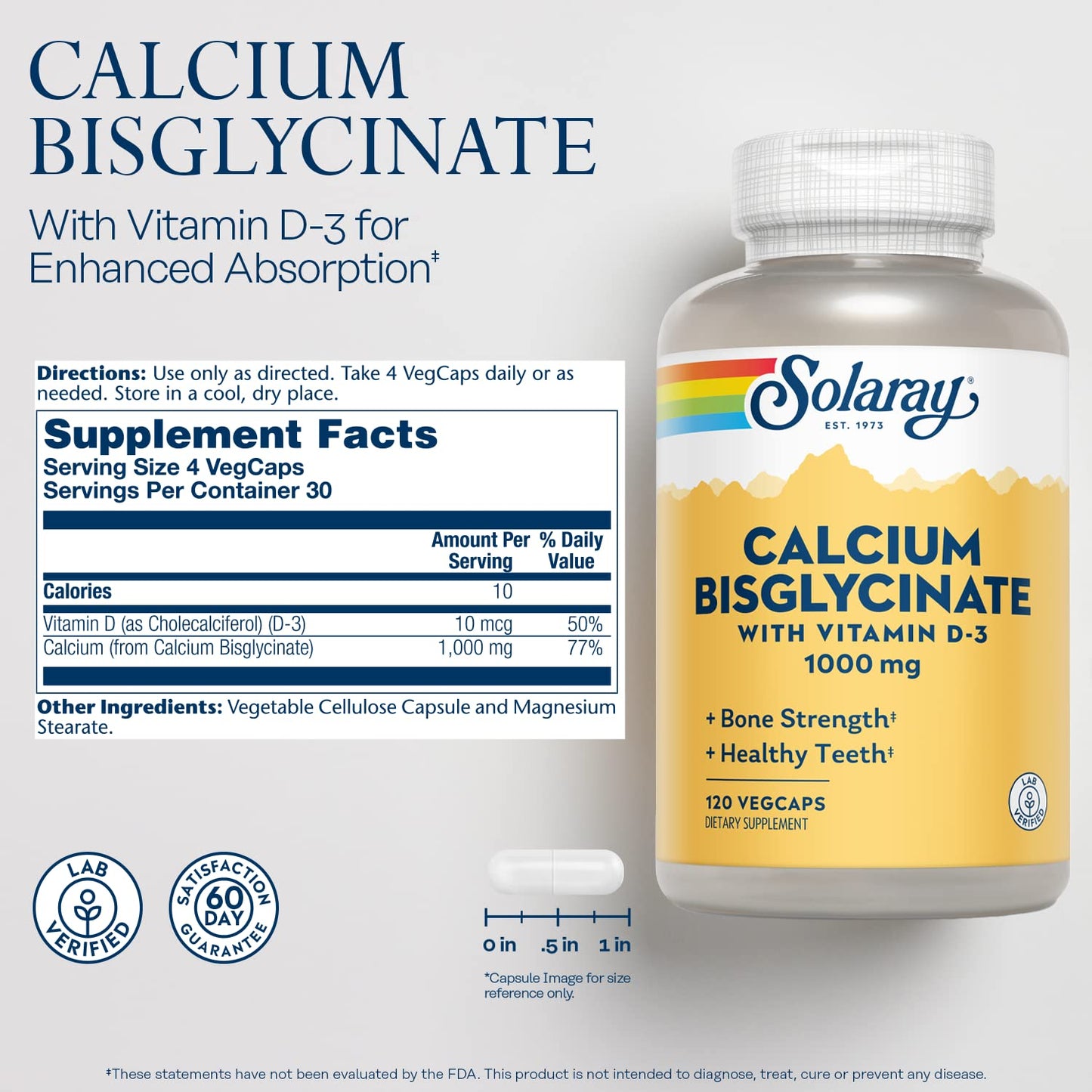 Solaray Calcium Bisglycinate 1000mg with Vitamin D-3 | Chelated Calcium for Strong Bones