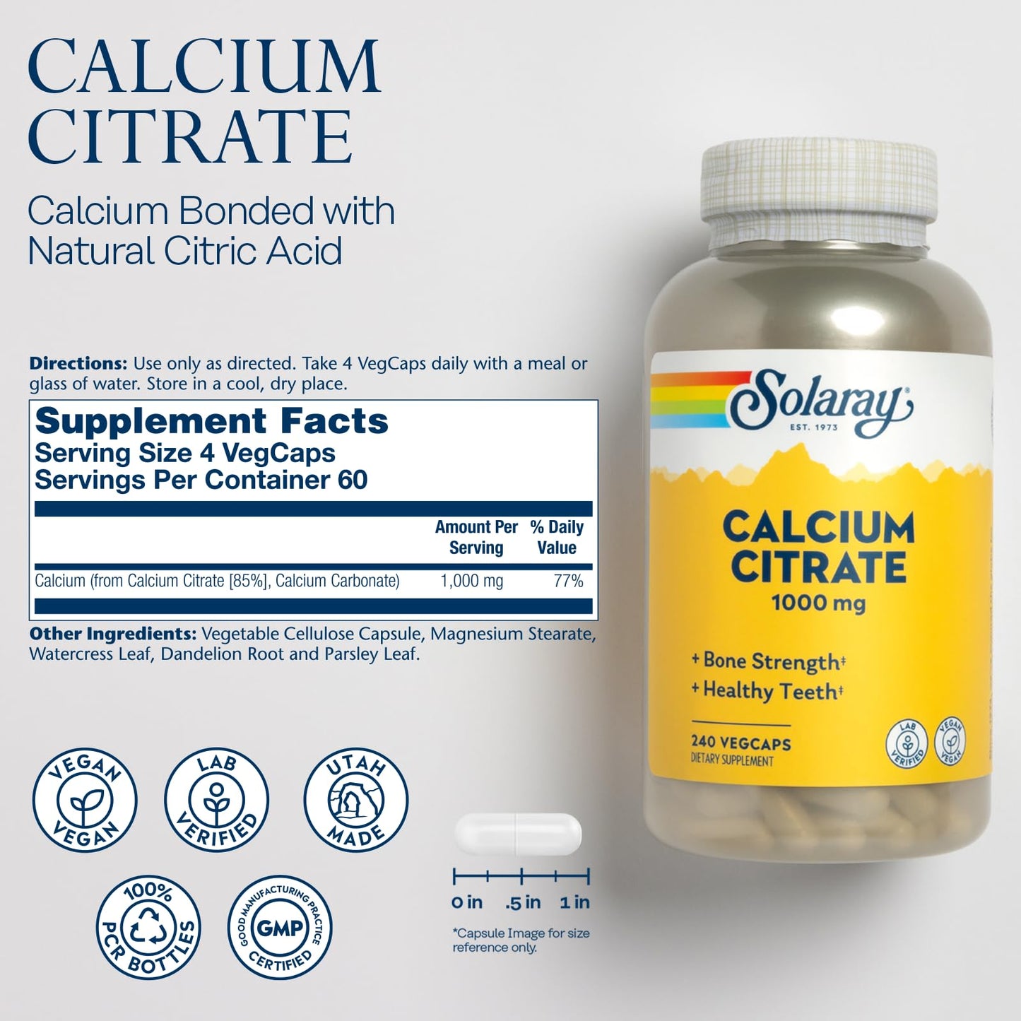 Solaray Calcium Citrate 1000mg | Chelated Calcium for Bones