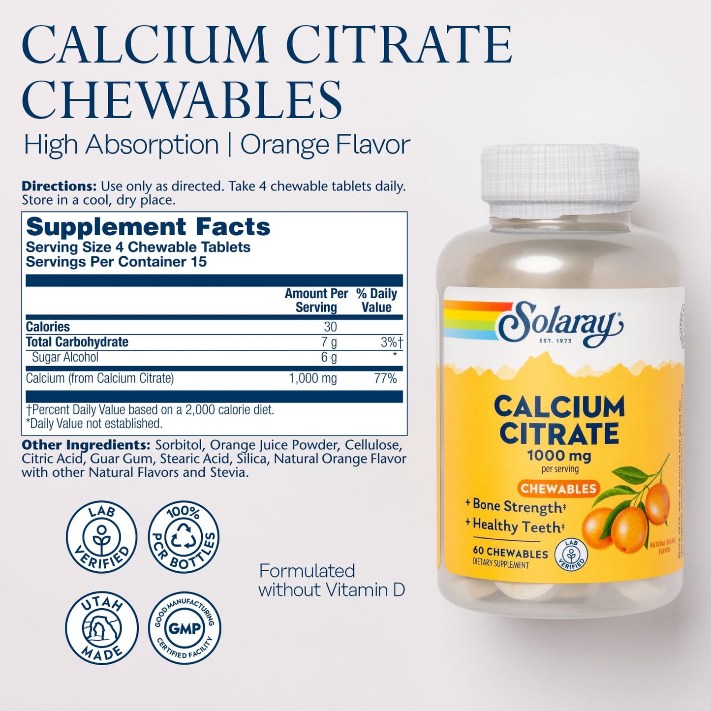 Solaray Calcium Citrate 1000 mg | Chelated Calcium for Bones, Teeth, Nerves & Heart (60 Chewables)
