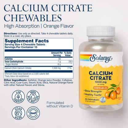 Solaray Calcium Citrate 1000 mg | Chelated Calcium for Bones, Teeth, Nerves & Heart (60 Chewables)