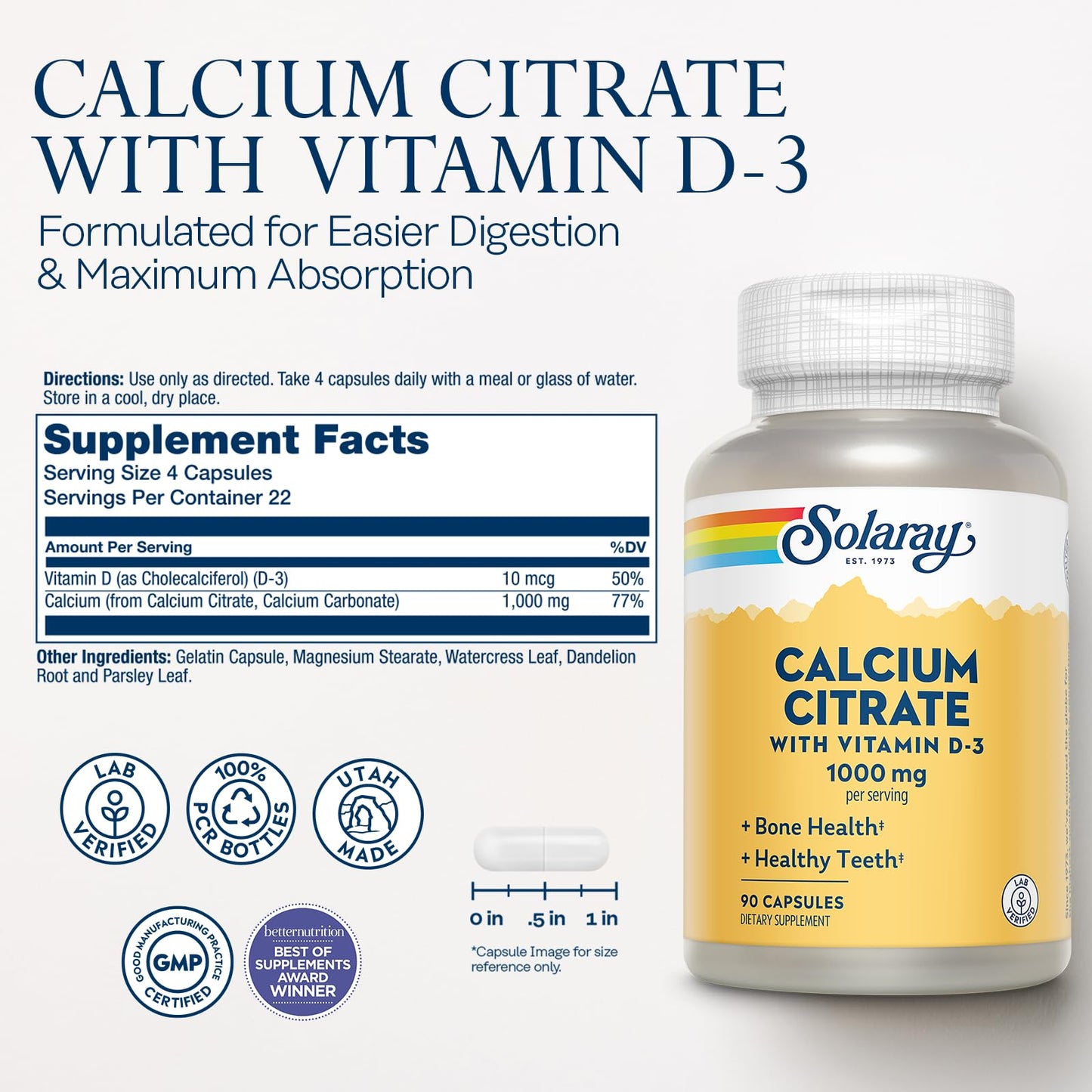Solaray Calcium Citrate with Vitamin D3 1000mg – Bone & Teeth Support | 90 Capsules, 15 Servings, 60-Day Guarantee