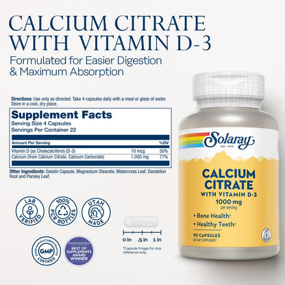 Solaray Calcium Citrate with Vitamin D3 1000mg – Bone & Teeth Support | 90 Capsules, 15 Servings, 60-Day Guarantee