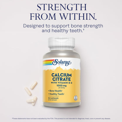 Solaray Calcium Citrate with Vitamin D3 1000mg – Bone & Teeth Support | 90 Capsules, 15 Servings, 60-Day Guarantee