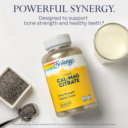Solaray Calcium Magnesium Citrate 1:1 Ratio - Bones, Teeth, Muscle & Nerve Support | 180 VegCaps