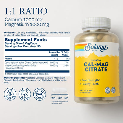 Solaray Calcium Magnesium Citrate 1:1 Ratio - Bones, Teeth, Muscle & Nerve Support | 180 VegCaps