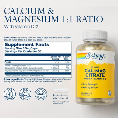 SOLARAY Calcium Magnesium Citrate 1:1 with Vitamin D - 180 VegCaps