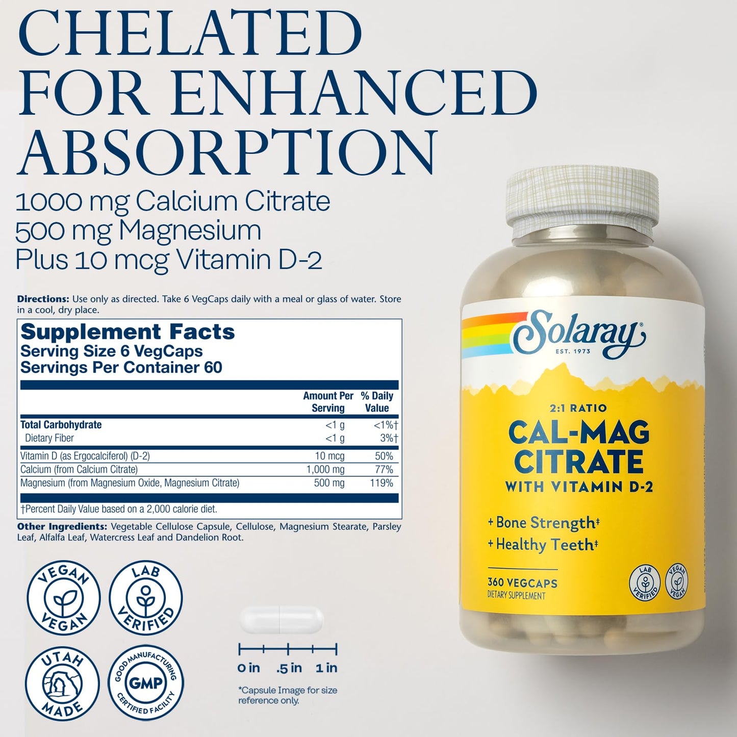 Solaray Calcium Magnesium Citrate 2:1 with Vitamin D2 | Bone, Muscle & Nerve Support | 360 VegCaps