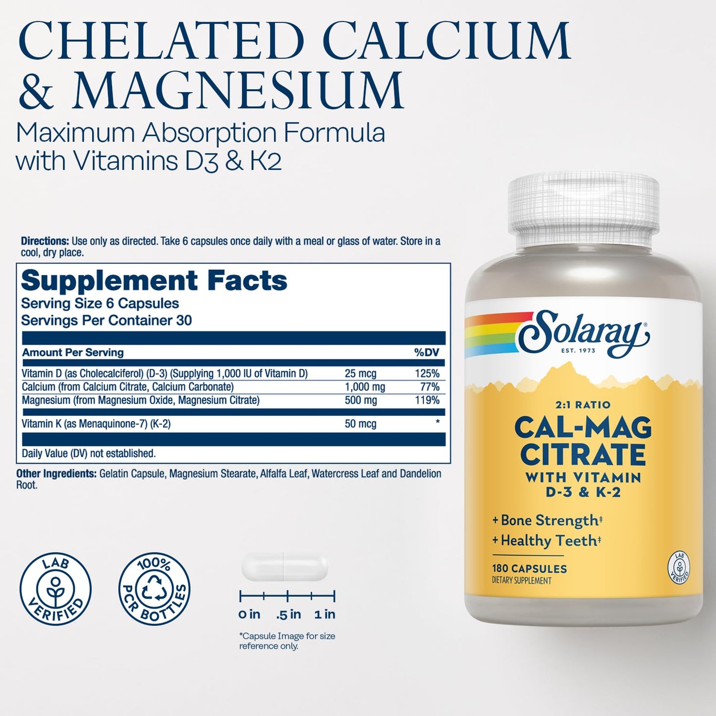 SOLARAY Calcium Magnesium Citrate w/Vitamin D3 K2 | Cal Mag 2:1