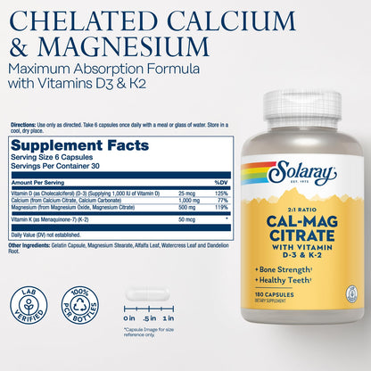 SOLARAY Calcium Magnesium Citrate w/Vitamin D3 K2 | Cal Mag 2:1