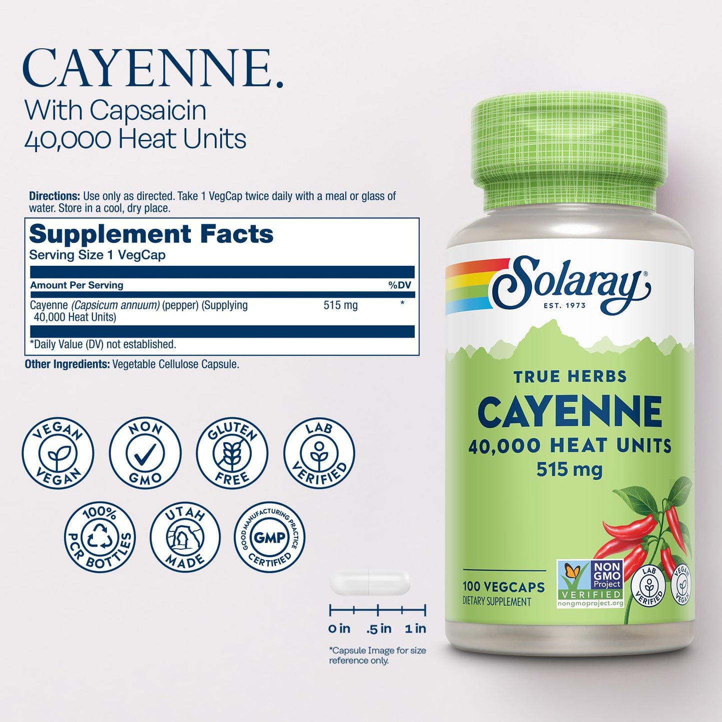 SOLARAY Cayenne Pepper Capsules with Capsaicin – 40,000 SHU per VegCap | Vegan, Non-GMO, Gluten-Free
