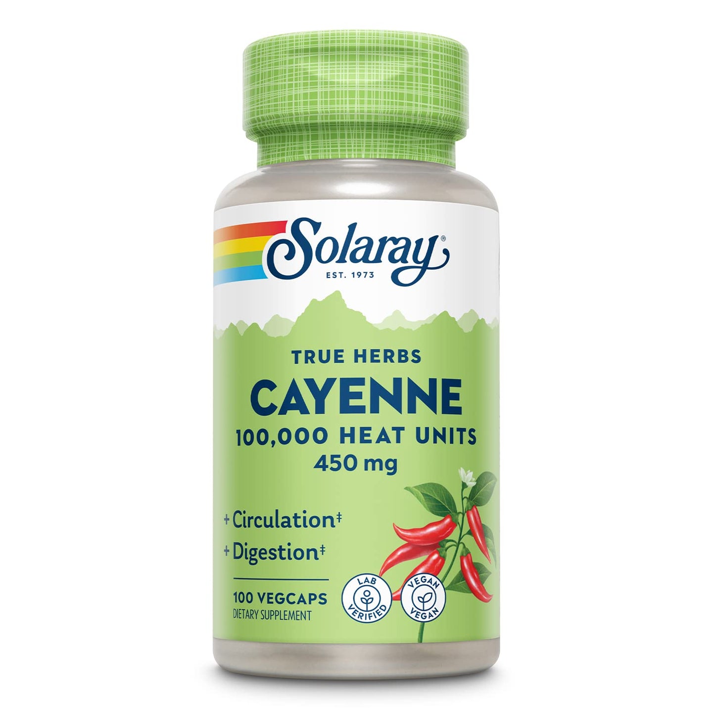 SOLARAY Cayenne Pepper 450 mg - 100,000 HU | Digestion, Circulation, Metabolism & Cardiovascular Support | Non-GMO | 100 VegCaps