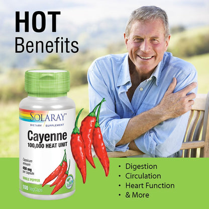 SOLARAY Cayenne Pepper 450 mg - 100,000 HU | Digestion, Circulation, Metabolism & Cardiovascular Support | Non-GMO | 100 VegCaps