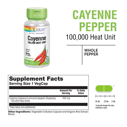 SOLARAY Cayenne Pepper 450 mg - 100,000 HU | Digestion, Circulation, Metabolism & Cardiovascular Support | Non-GMO | 100 VegCaps