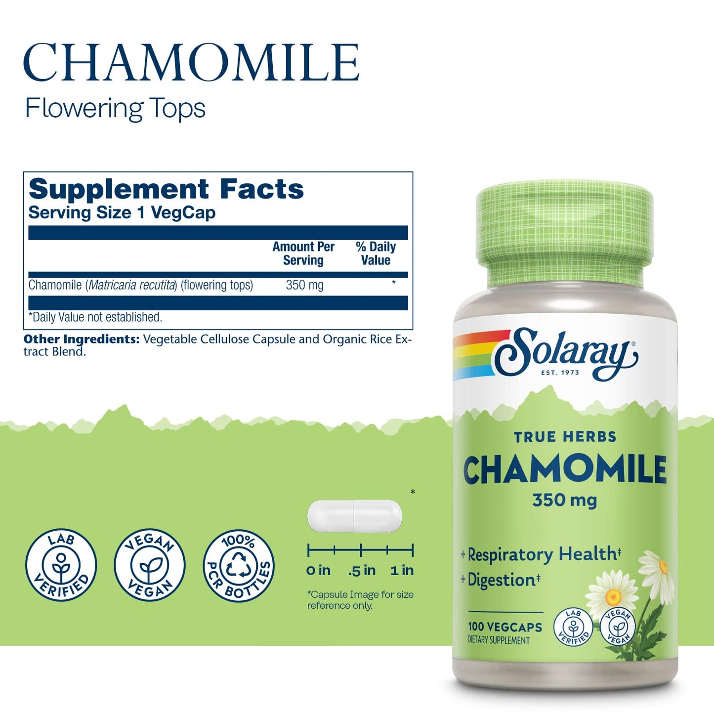 SOLARAY Chamomile - Digestive, Respiratory & Relaxation Support | 100 Servings, 100 VegCaps