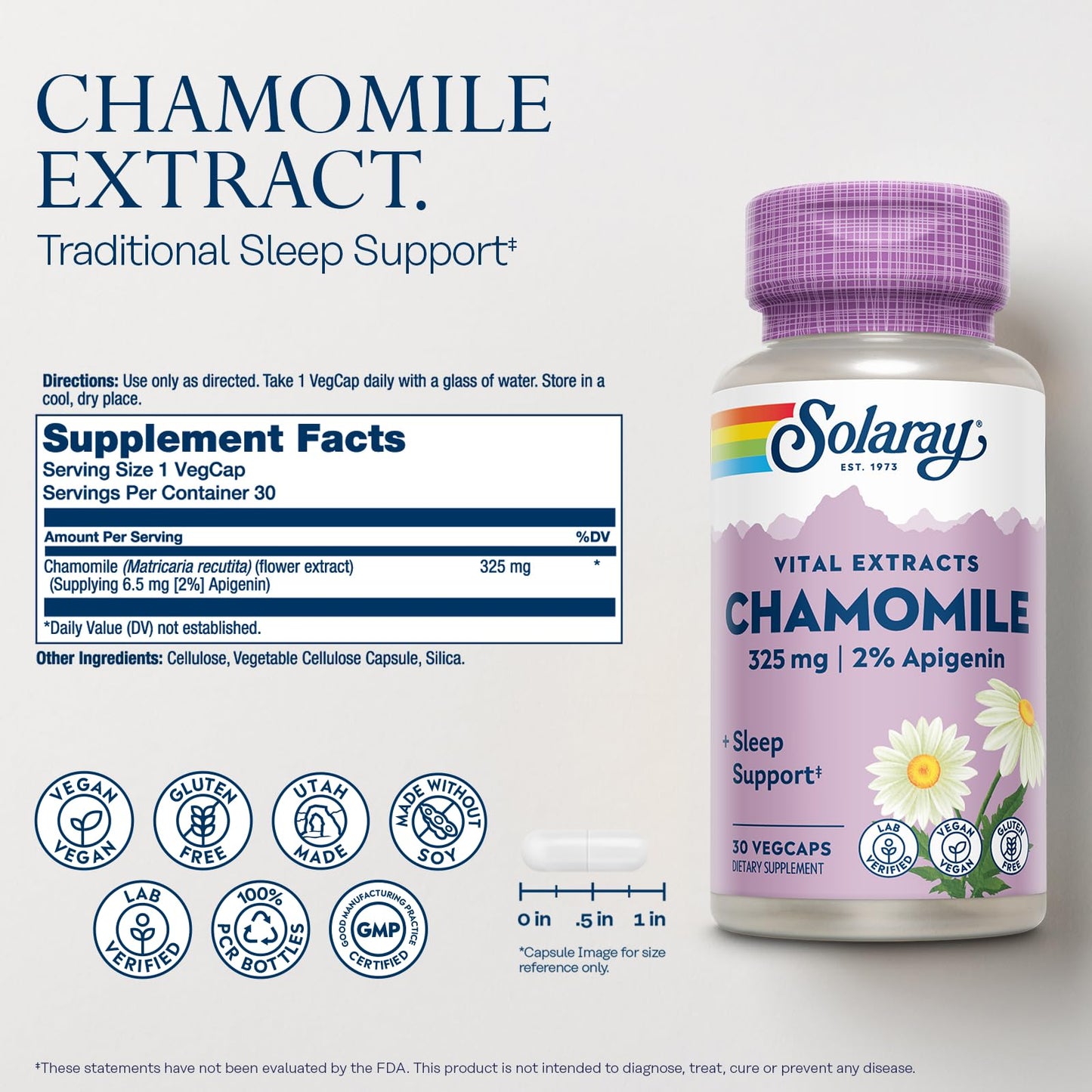 SOLARAY Chamomile Extract 325 mg – 2% Apigenin | Vegan, Gluten Free, Soy-Free | 60-Day Guarantee | 30 VegCaps