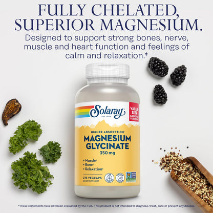 SOLARAY Magnesium Glycinate Capsules | Chelated Magnesium Bis Glycinate with BioPerine for Higher Absorption | Vegan, 275 VegCaps, 68 Servings