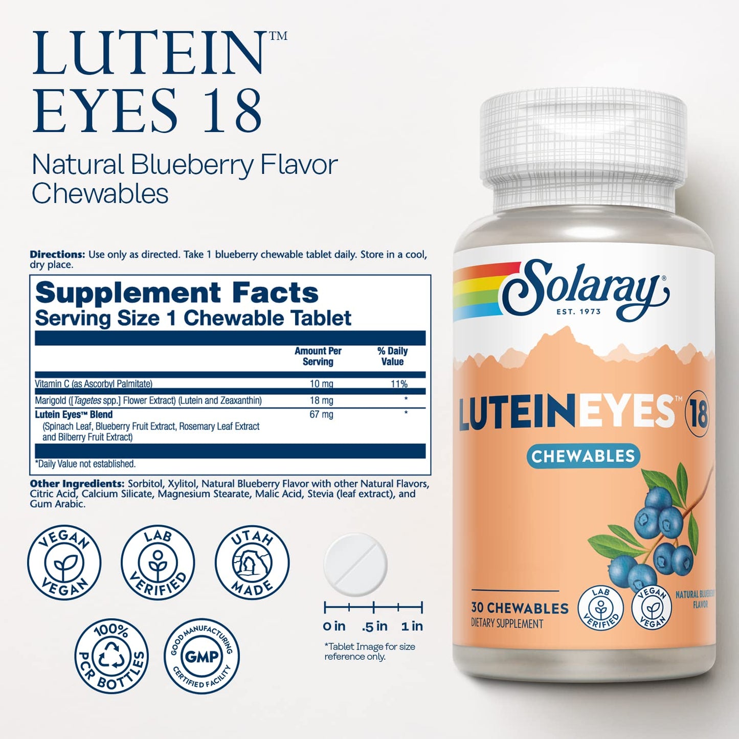 SOLARAY Chewable Lutein Eyes 18 – Eye & Macular Health Support Supplement | Non-GMO | 30 Chewables