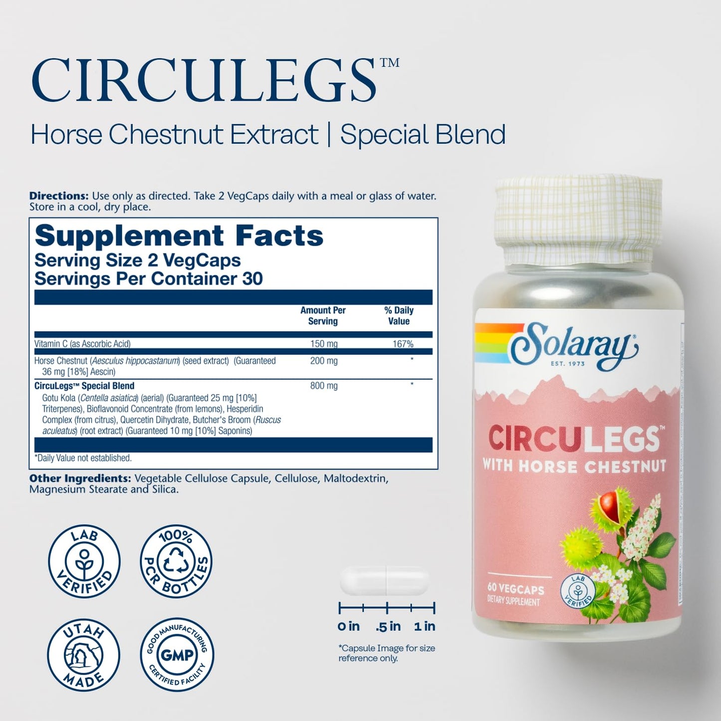 SOLARAY Circulegs - Herbal Wellness Supplement with Horse Chestnut, Vitamin C, Gotu Kola | Vegan & Gluten Free