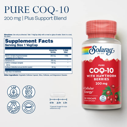 SOLARAY Pure CoQ-10 200 mg | Heart Health & Cellular Energy | 30 VegCaps