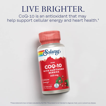 SOLARAY Pure CoQ-10 200 mg | Heart Health & Cellular Energy | 30 VegCaps