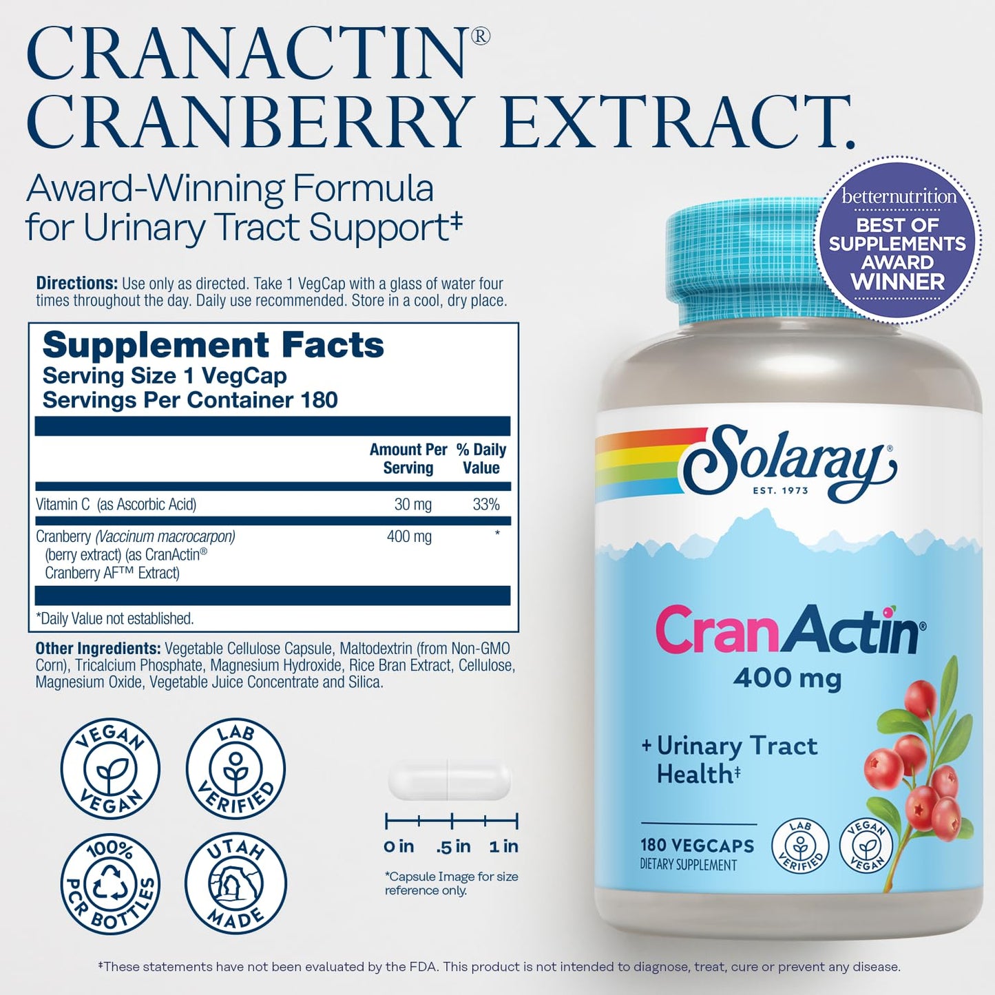 Solaray Cranactin Cranberry AF Extract Capsules 400 mg – 180 Count